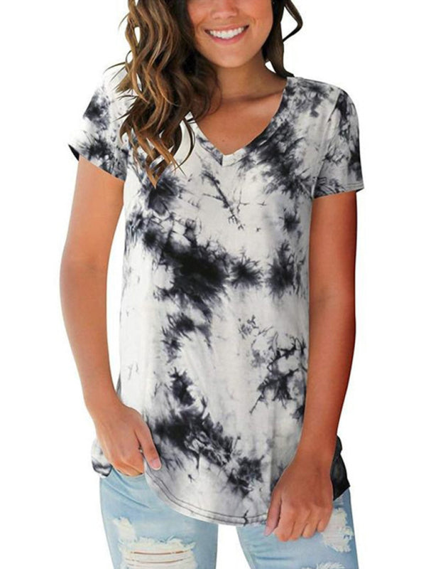 Tie Dye V-Neck Short Sleeve T-Shirt Polyester Women's Pullover