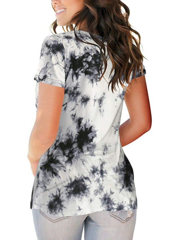 Tie Dye V-Neck Short Sleeve T-Shirt Polyester Women's Pullover
