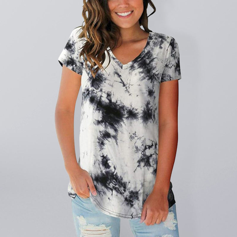 Tie Dye V-Neck Short Sleeve T-Shirt Polyester Women's Pullover