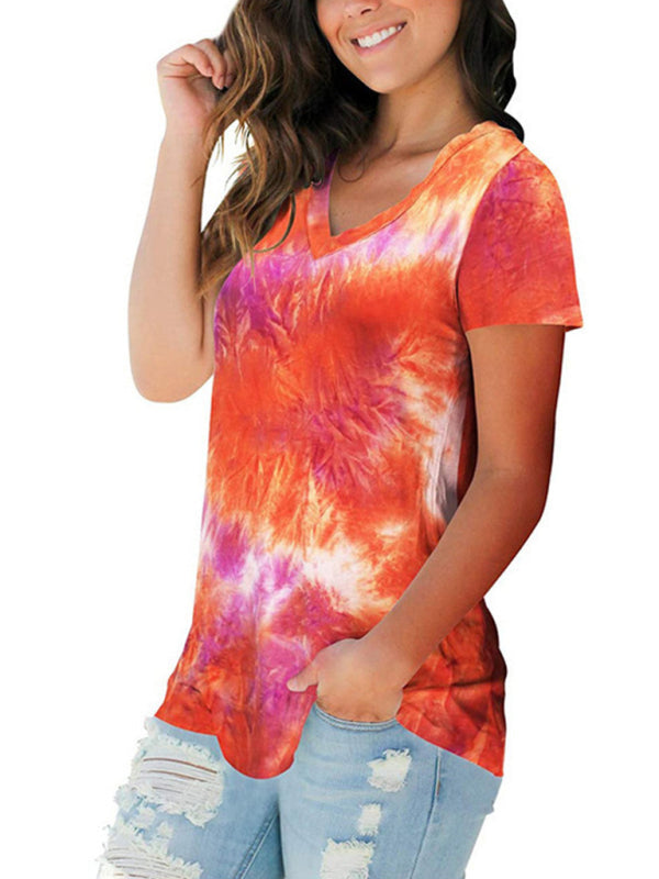 Tie Dye V-Neck Short Sleeve T-Shirt Polyester Women's Pullover