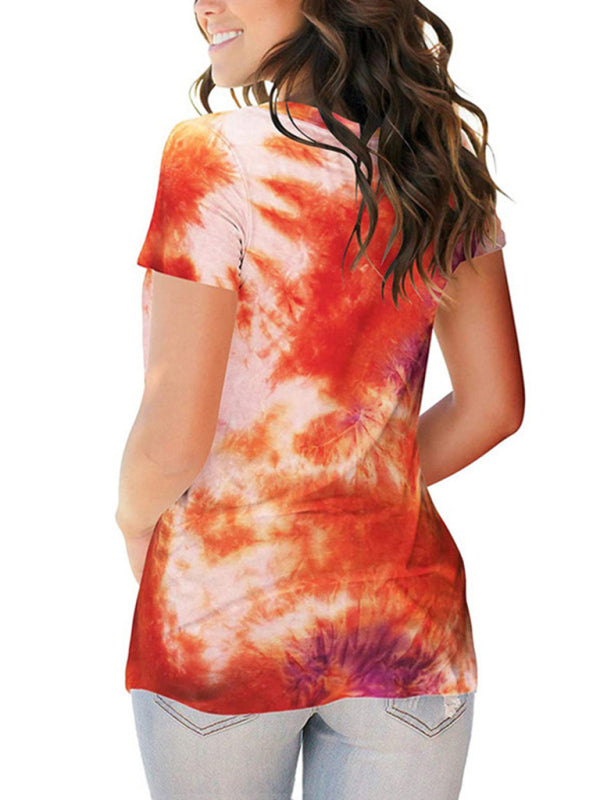 Tie Dye V-Neck Short Sleeve T-Shirt Polyester Women's Pullover