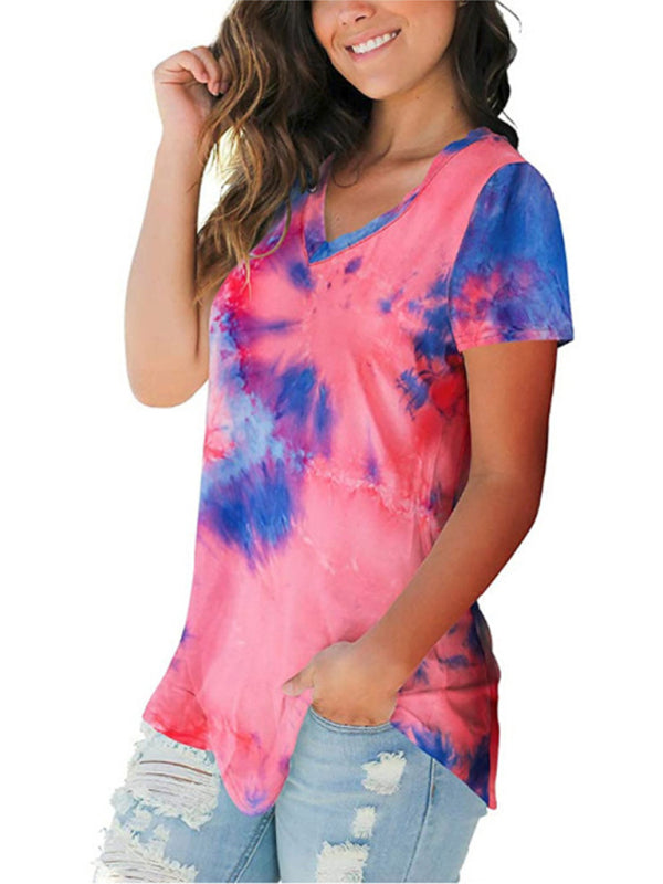 Tie Dye V-Neck Short Sleeve T-Shirt Polyester Women's Pullover