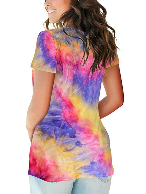 Tie Dye V-Neck Short Sleeve T-Shirt Polyester Women's Pullover