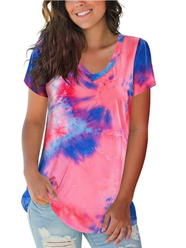 Tie Dye V-Neck Short Sleeve T-Shirt Polyester Women's Pullover