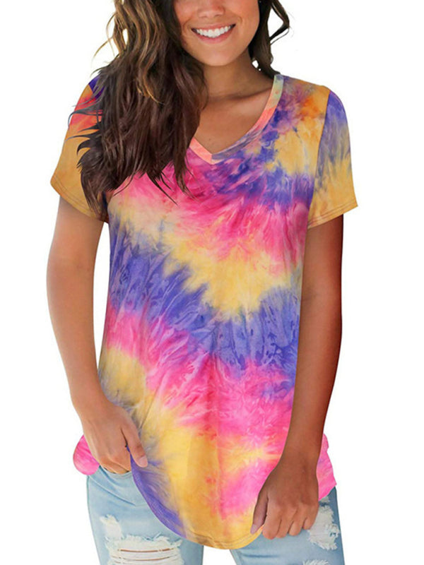 Tie Dye V-Neck Short Sleeve T-Shirt Polyester Women's Pullover