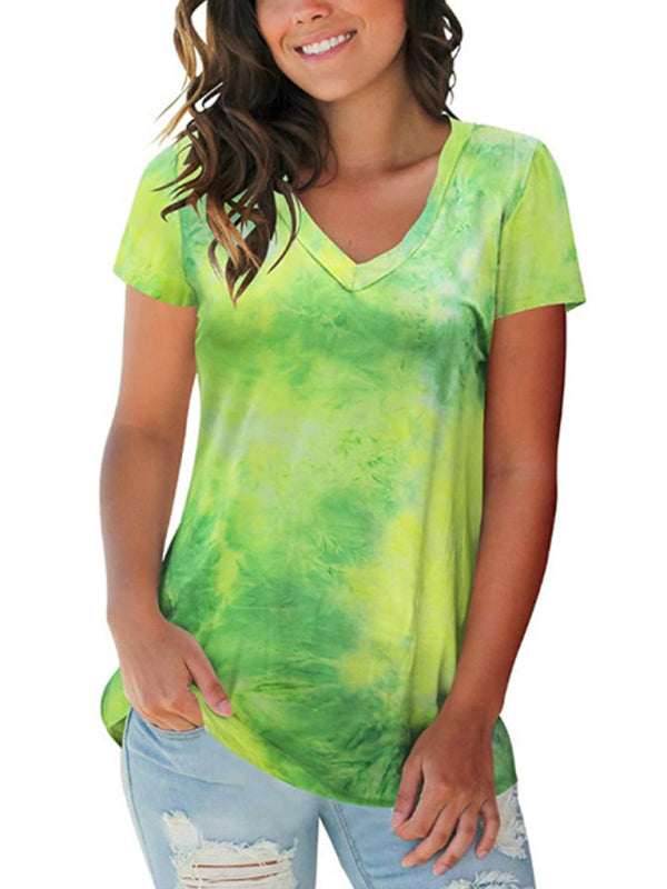Tie Dye V-Neck Short Sleeve T-Shirt Polyester Women's Pullover