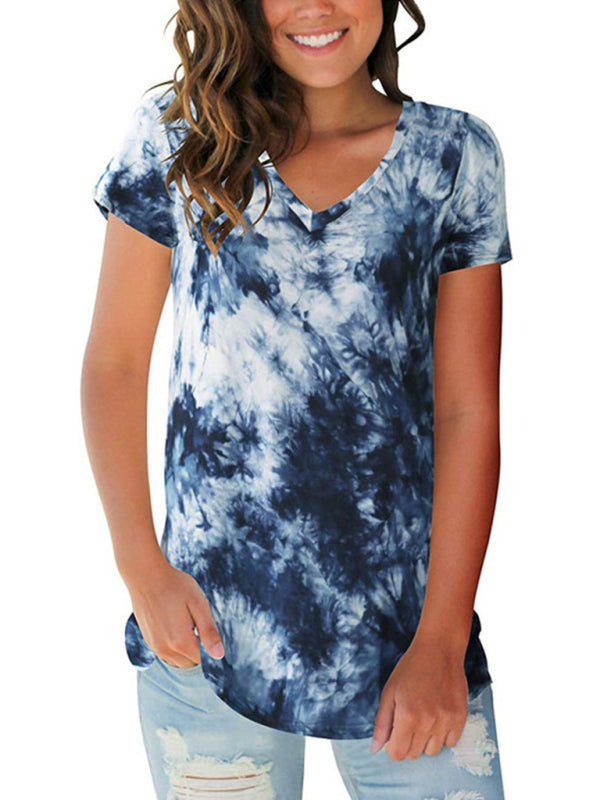 Tie Dye V-Neck Short Sleeve T-Shirt Polyester Women's Pullover