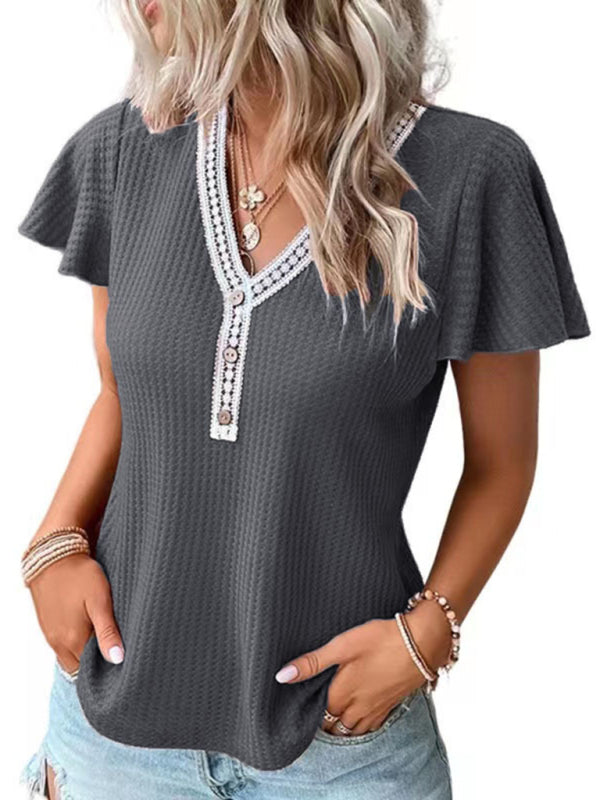 Waffle Knit V-Neck Tank Top Dropped Shoulder Women's Sleeveless Tee