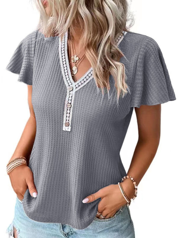 Waffle Knit V-Neck Tank Top Dropped Shoulder Women's Sleeveless Tee