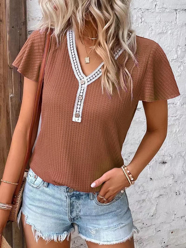Waffle Knit V-Neck Tank Top Dropped Shoulder Women's Sleeveless Tee
