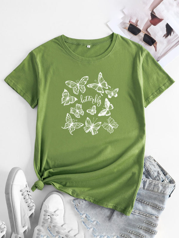 Butterfly Print Round Neck T-Shirt Cotton Short Sleeve Women's Top