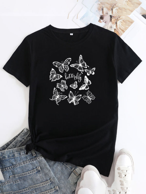 Butterfly Print Round Neck T-Shirt Cotton Short Sleeve Women's Top
