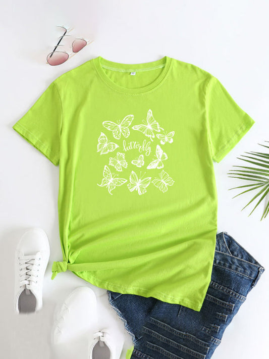 Butterfly Print Round Neck T-Shirt Cotton Short Sleeve Women's Top