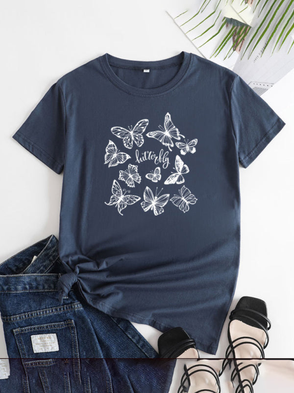 Butterfly Print Round Neck T-Shirt Cotton Short Sleeve Women's Top