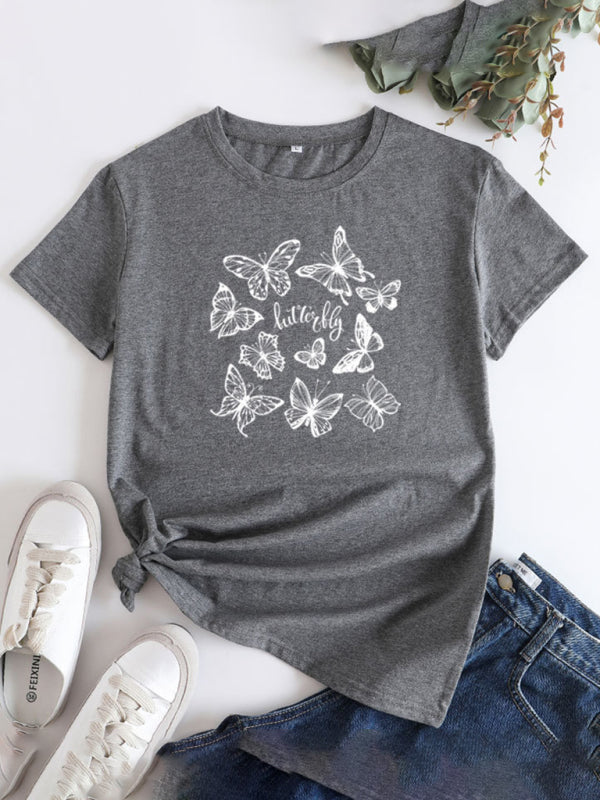Butterfly Print Round Neck T-Shirt Cotton Short Sleeve Women's Top