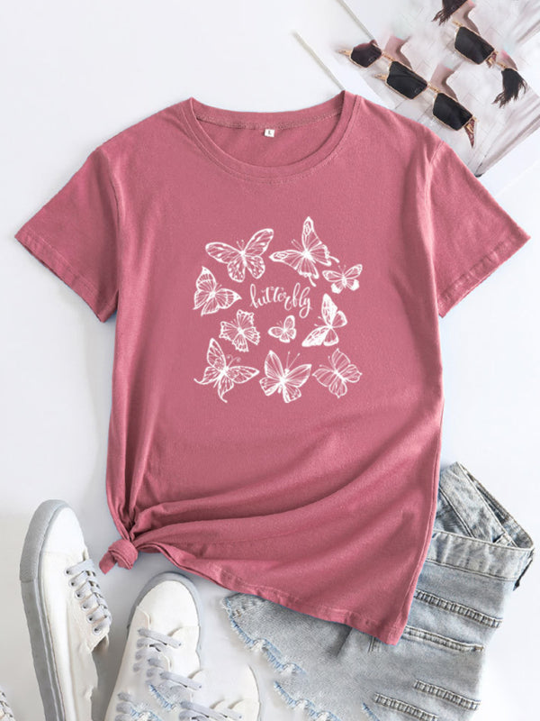 Butterfly Print Round Neck T-Shirt Cotton Short Sleeve Women's Top