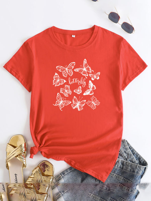 Butterfly Print Round Neck T-Shirt Cotton Short Sleeve Women's Top