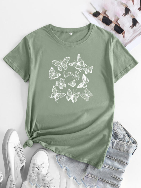 Butterfly Print Round Neck T-Shirt Cotton Short Sleeve Women's Top
