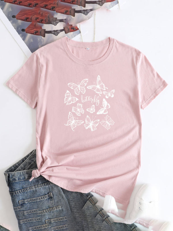 Butterfly Print Round Neck T-Shirt Cotton Short Sleeve Women's Top
