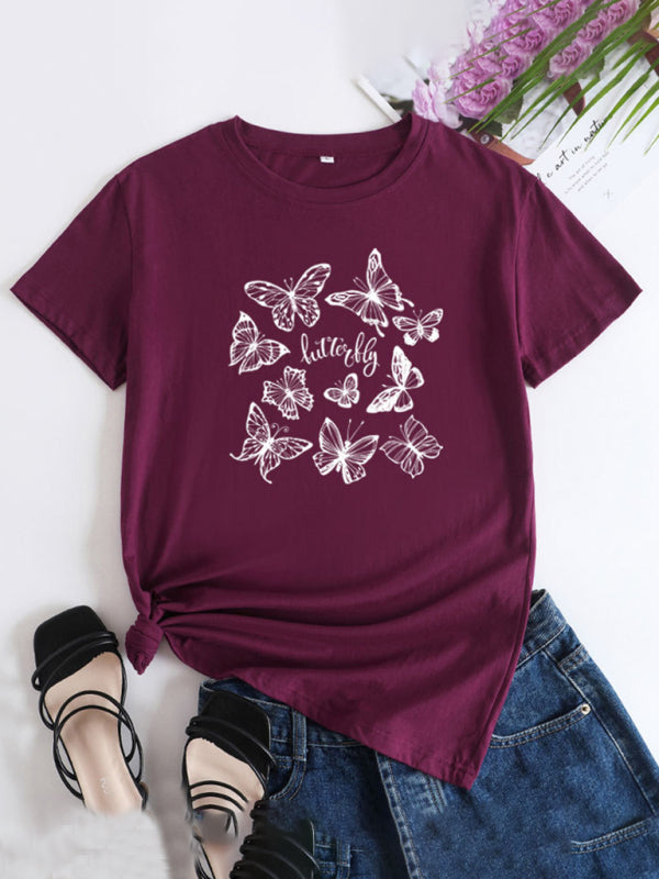 Butterfly Print Round Neck T-Shirt Cotton Short Sleeve Women's Top