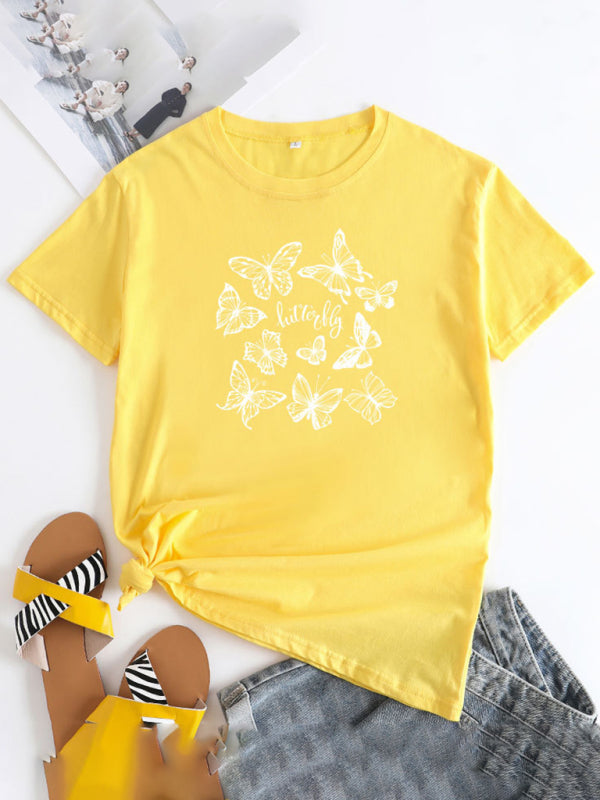 Butterfly Print Round Neck T-Shirt Cotton Short Sleeve Women's Top