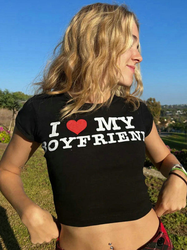 Heart Letter Print Crop Top Short Sleeve Women's T-Shirt