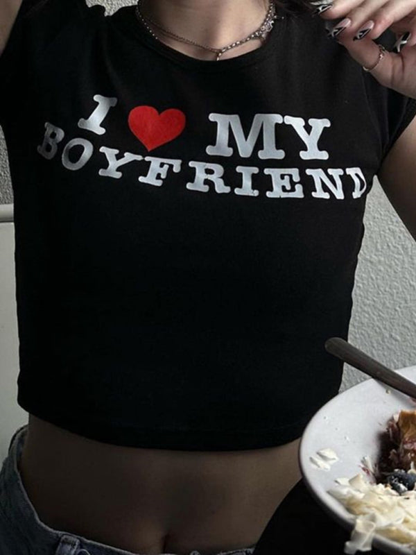 Heart Letter Print Crop Top Short Sleeve Women's T-Shirt