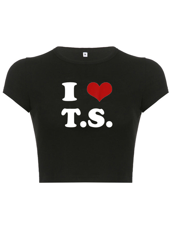 Heart Letter Print Crop Top Short Sleeve Women's T-Shirt
