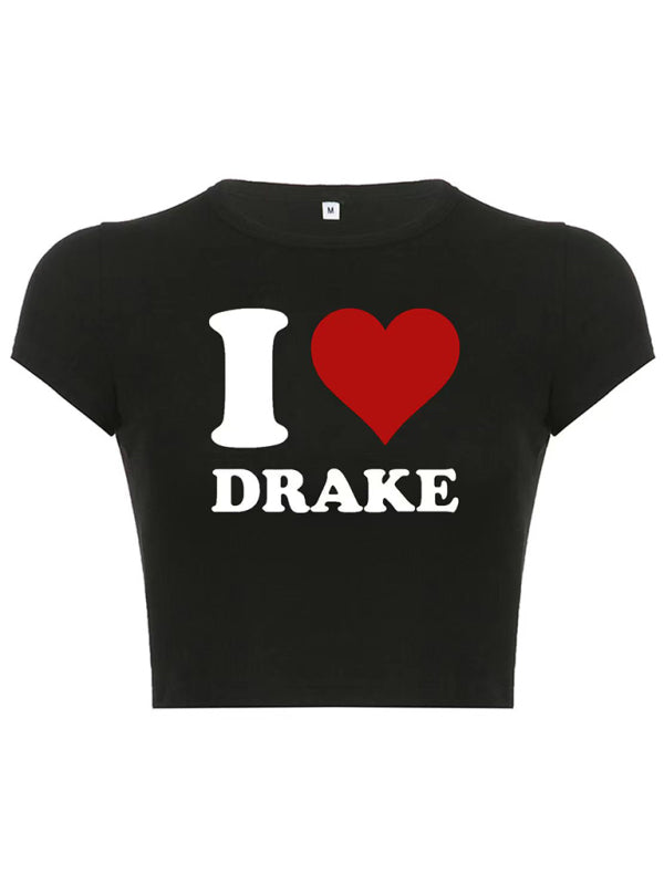 Heart Letter Print Crop Top Short Sleeve Women's T-Shirt