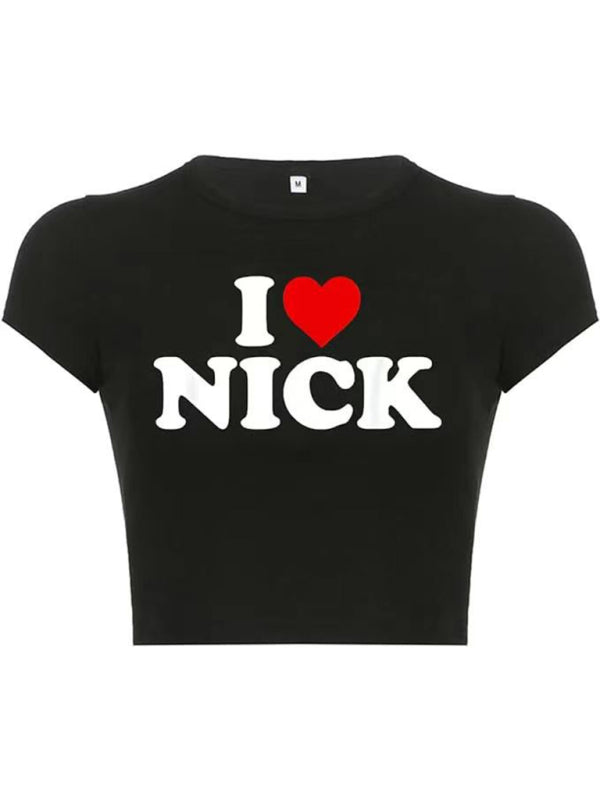 Heart Letter Print Crop Top Short Sleeve Women's T-Shirt