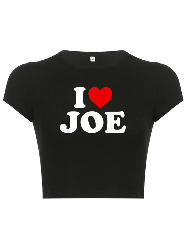Heart Letter Print Crop Top Short Sleeve Women's T-Shirt
