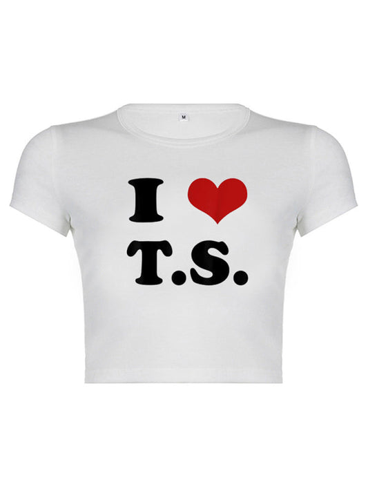 Heart Letter Print Crop Top Short Sleeve Women's T-Shirt