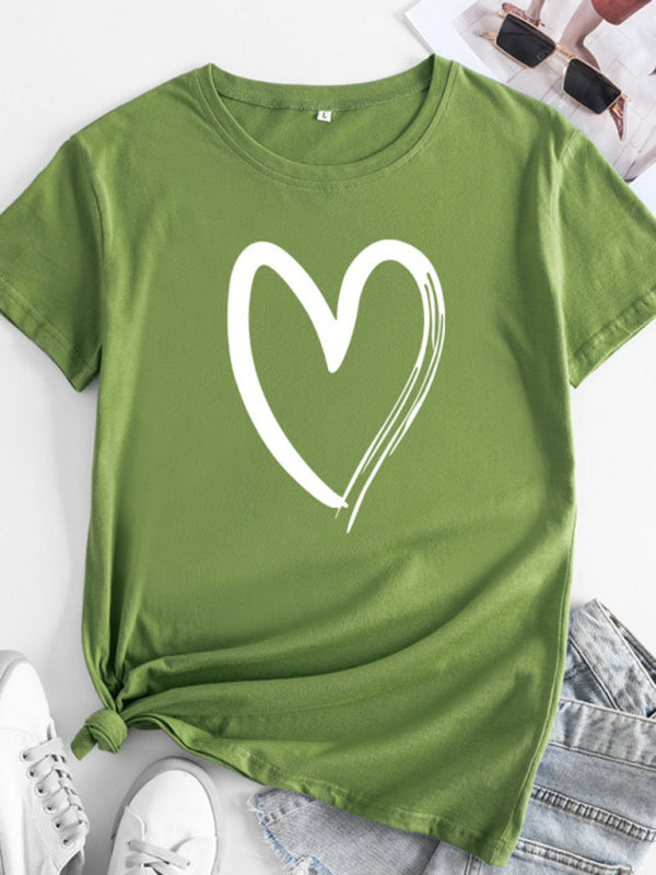 Cotton Heart Print T-Shirt Short Sleeve Women's Casual Top