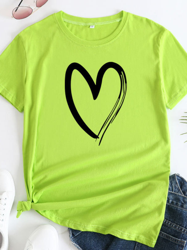 Cotton Heart Print T-Shirt Short Sleeve Women's Casual Top