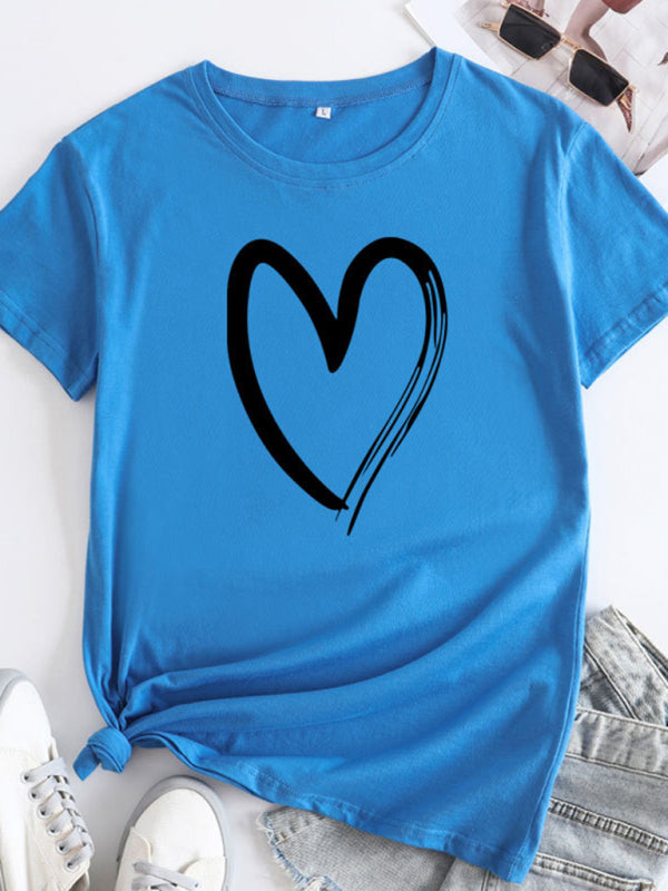 Cotton Heart Print T-Shirt Short Sleeve Women's Casual Top