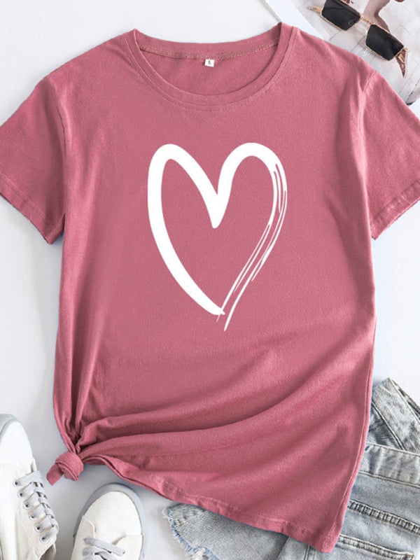 Cotton Heart Print T-Shirt Short Sleeve Women's Casual Top