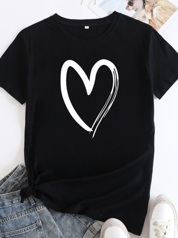 Cotton Heart Print T-Shirt Short Sleeve Women's Casual Top