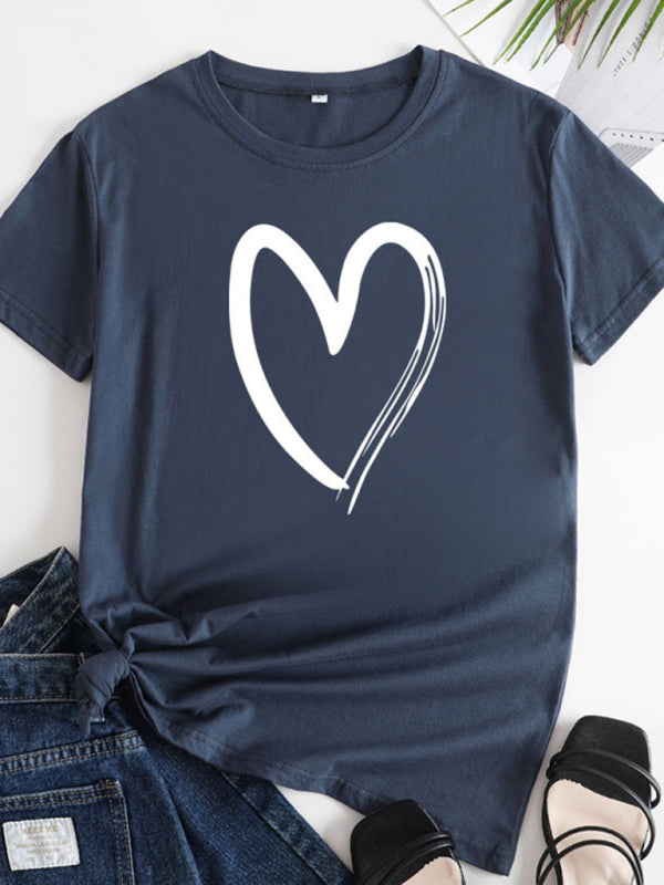Cotton Heart Print T-Shirt Short Sleeve Women's Casual Top