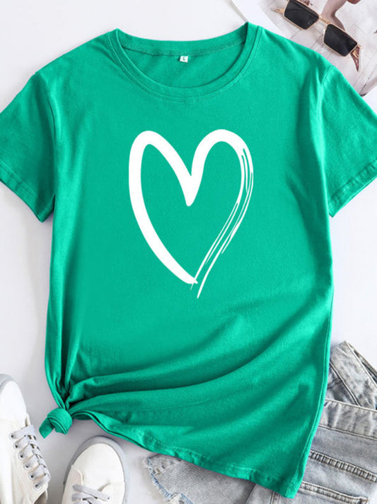 Cotton Heart Print T-Shirt Short Sleeve Women's Casual Top