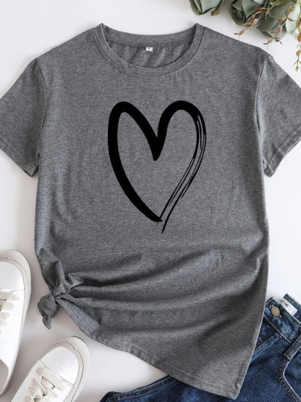 Cotton Heart Print T-Shirt Short Sleeve Women's Casual Top