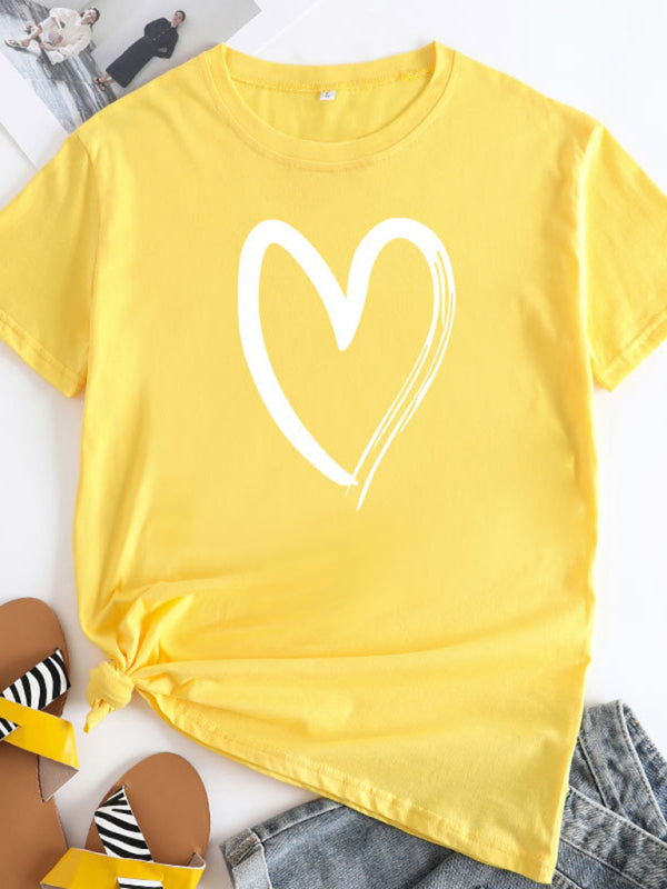 Cotton Heart Print T-Shirt Short Sleeve Women's Casual Top