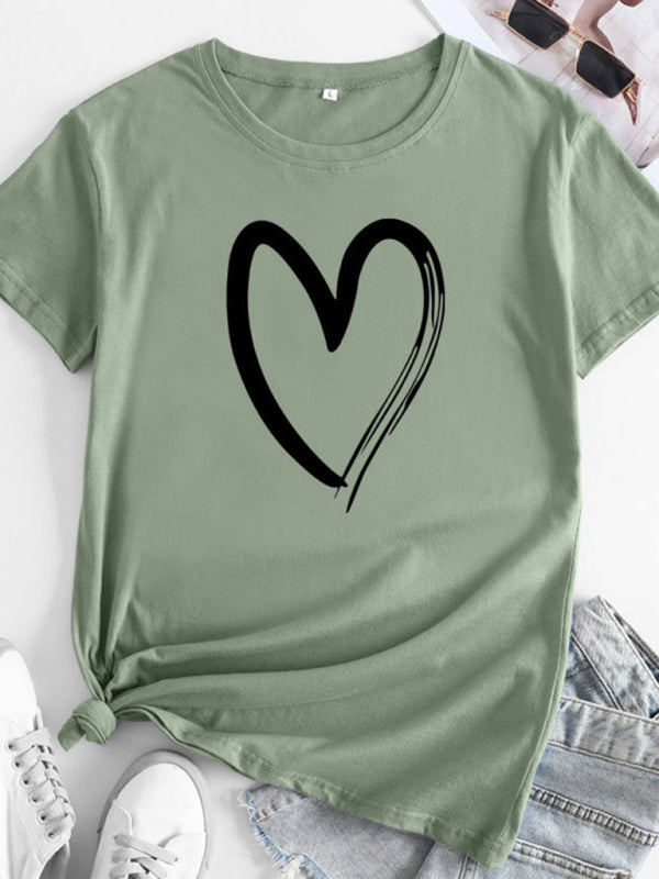 Cotton Heart Print T-Shirt Short Sleeve Women's Casual Top