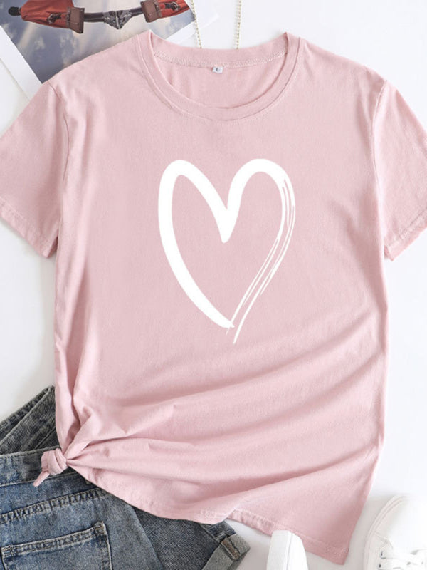 Cotton Heart Print T-Shirt Short Sleeve Women's Casual Top