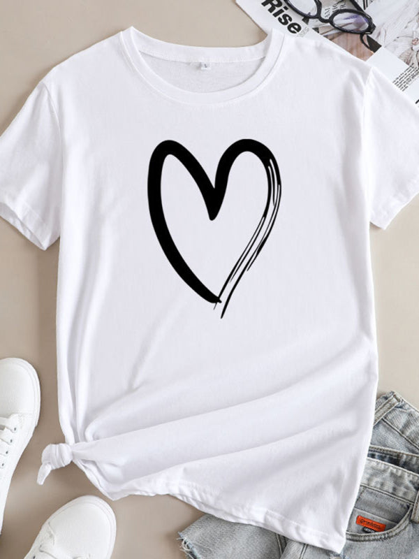 Cotton Heart Print T-Shirt Short Sleeve Women's Casual Top