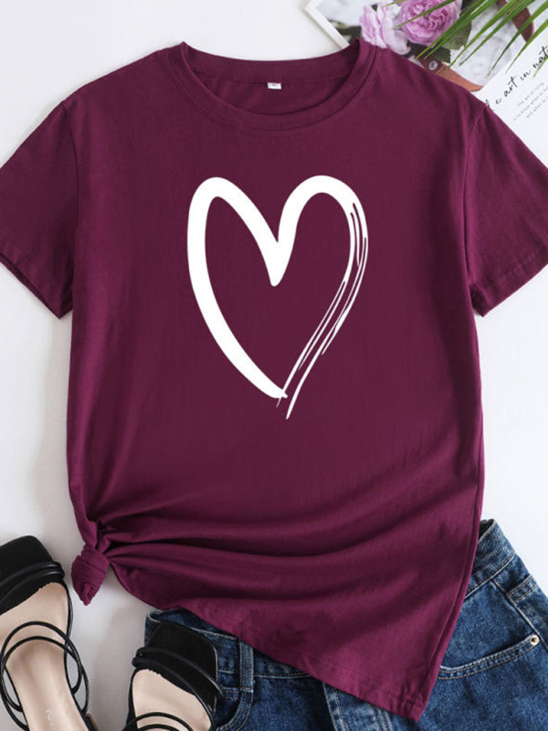 Cotton Heart Print T-Shirt Short Sleeve Women's Casual Top