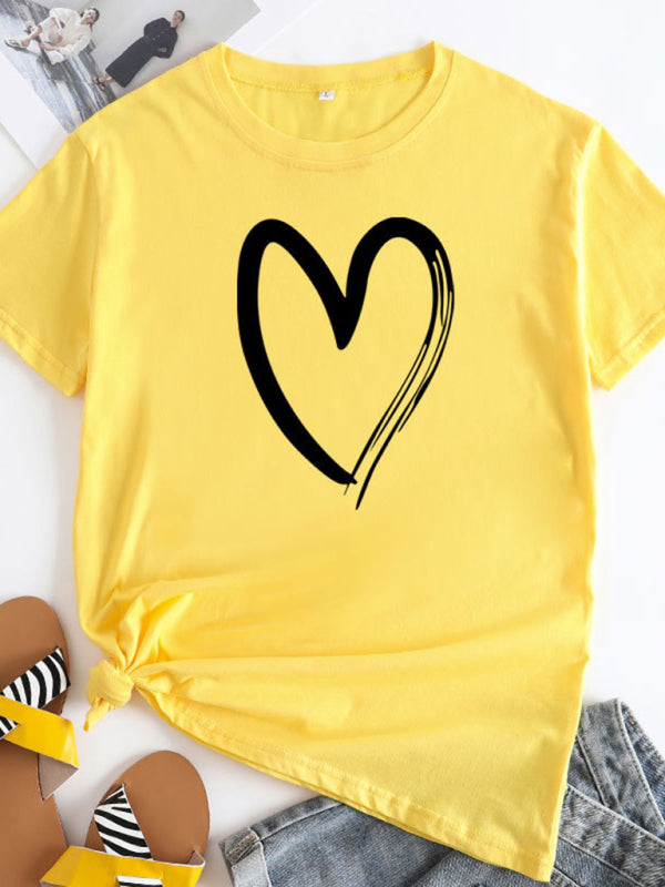 Cotton Heart Print T-Shirt Short Sleeve Women's Casual Top