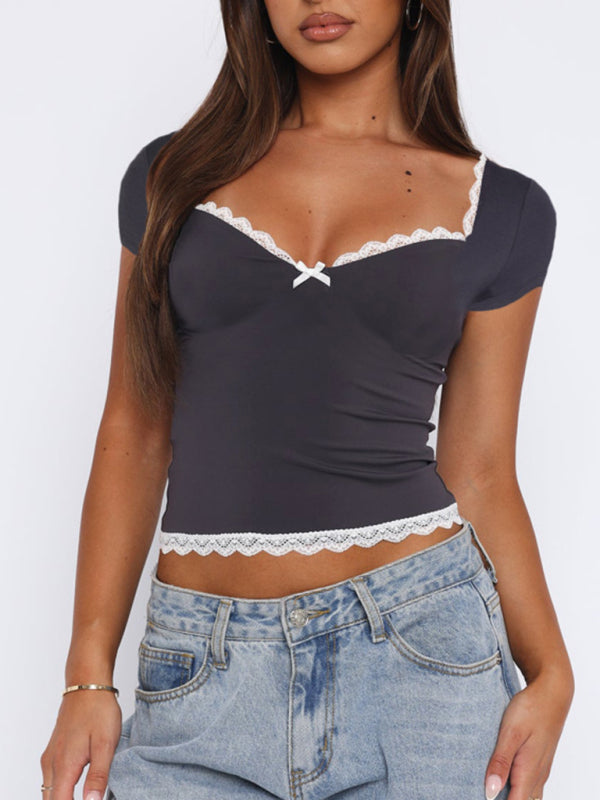 Women's Lace Hem Bow Short Sleeve T-Shirt - Feminine Spring Summer Top