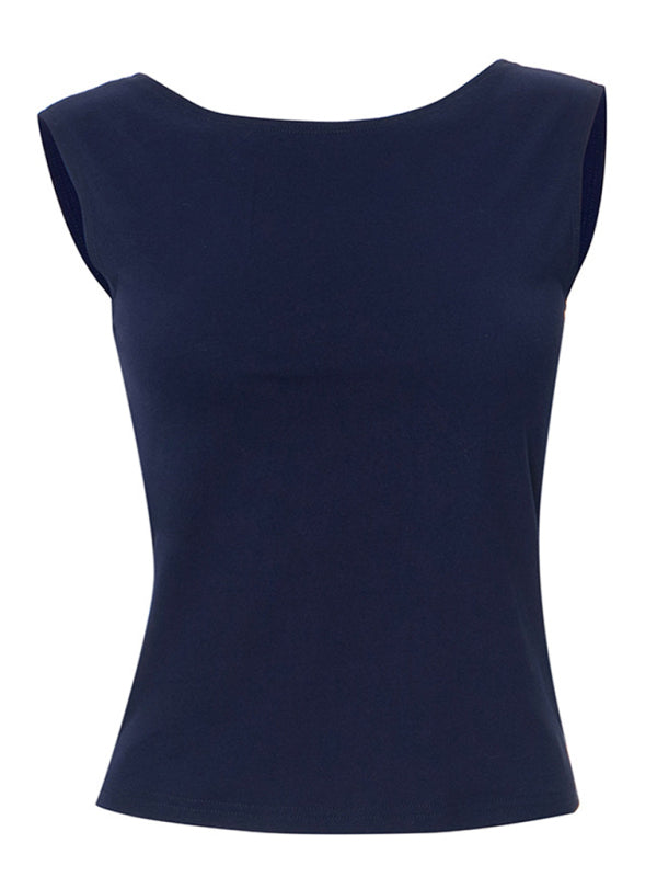 Women's Round Neck Slim Fit Backless Patchwork Top - Stylish Pullover