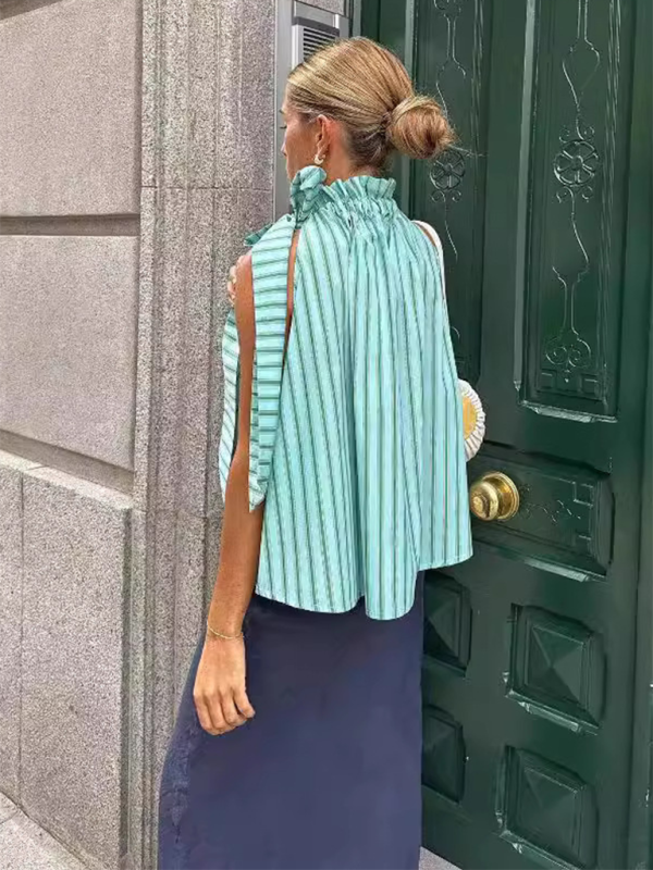 Ruffle Collar Striped Top - Casual Loose Sleeveless Blouse for Women