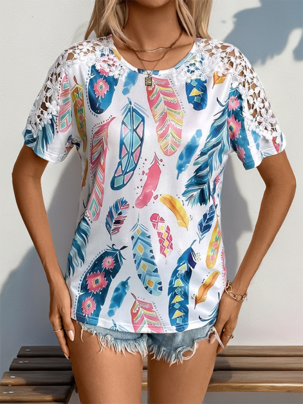 Lace Splice Short Sleeve T-Shirt Polyester Women's Basic Top